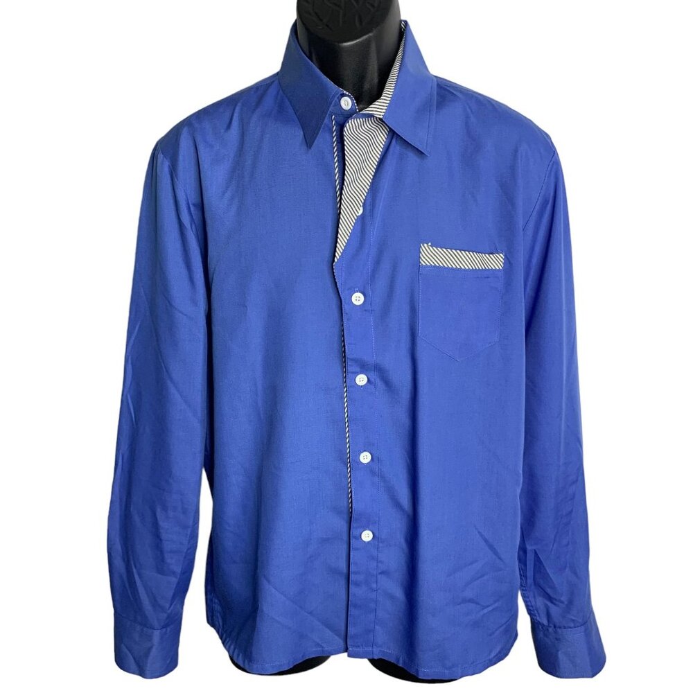 Tunevuse Button Up Slim Fit Shirt M Blue Flip Cuff Contrasting Trim Long Sleeves